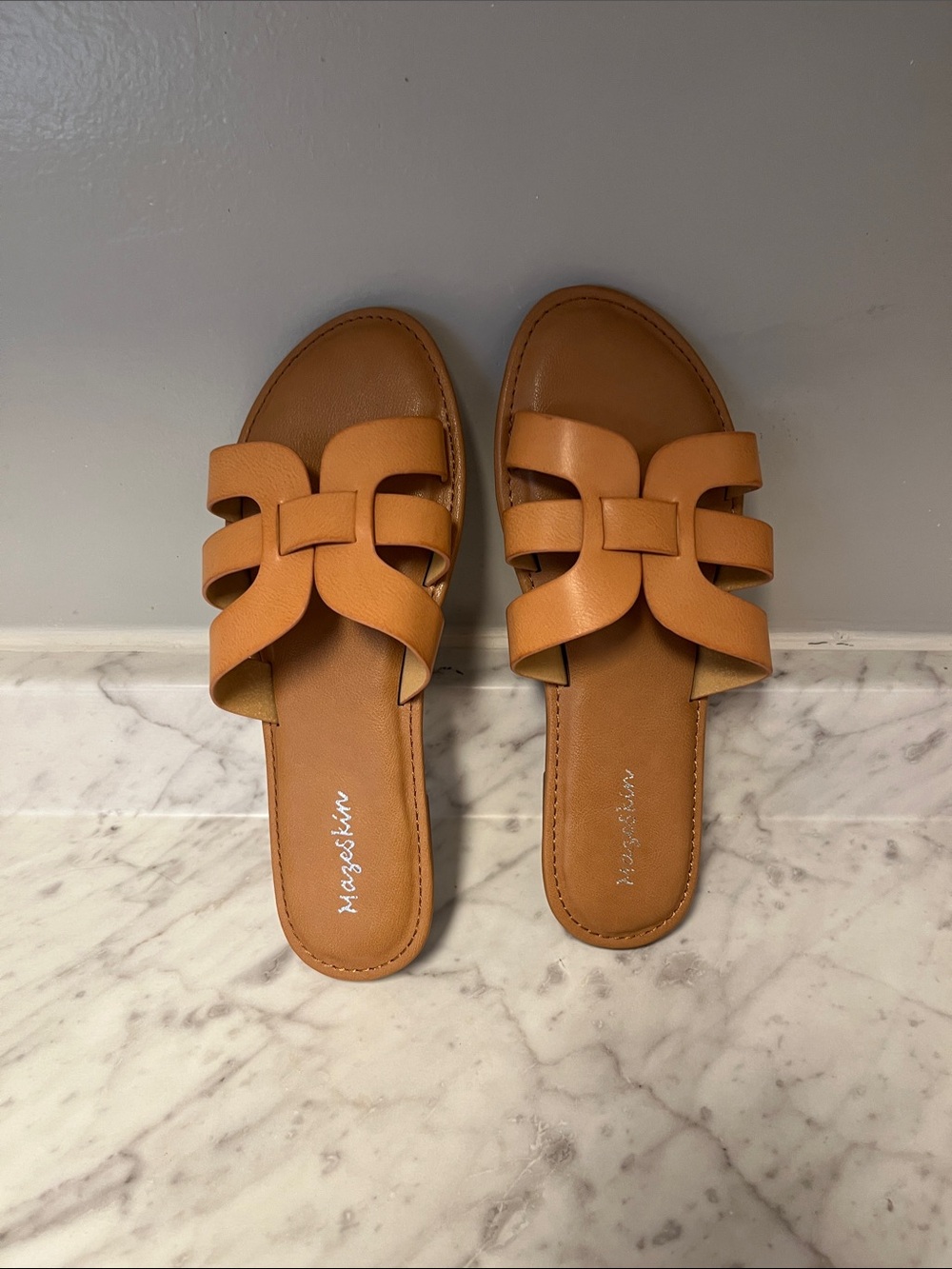Mazeskin Cognac Braided Leather Slide Sandals